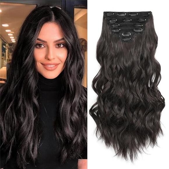 Clip in Long Wavy Synthetic Hair Extension 20 Inch Dark Brown 6PCS Thick - Picture 7 of 7